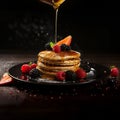 AI generated illustration of carefully pouring golden syrup onto a stack of fluffy pancakes