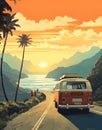 AI generated illustration of a cargo van driving along a coastal highway