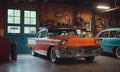 the cars are sitting in a large garage with bicycles on shelves