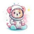 AI generated illustration of a cartoon bear in an astronaut costume is sitting in a starry night sky