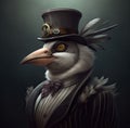 AI generated illustration of a cartoon bird wearing a smart top hat and a stylish steampunk-outfit