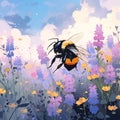 AI generated illustration of a cartoon bumblebee flying over a field of lavenders Royalty Free Stock Photo