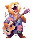 AI generated illustration of a cartoon cat in a floral shirt playing guitar and singing