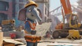 AI generated illustration of a cartoon elephant in construction gear with equipment on city street