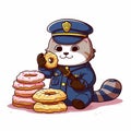 AI generated illustration of a cartoon police cat sitting contentedly in front of a stack of donuts