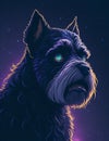 AI generated illustration of a cartoon Scottish Terrier with glowing brilliant blue eyes