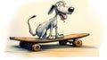 AI generated illustration of a cartoon scrawny dog on a skateboard