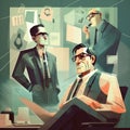 AI generated illustration of cartoon-style male professionals in formal attire in an office