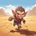 AI generated illustration of a cartoon troll character running through a desert landscape