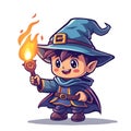 AI generated illustration of a cartoon wizard holding a torch, wearing a hat and cloak