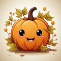 AI generated illustration of a cartoonish pumpkin in the center of a pile of dried fall leaves