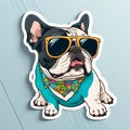 AI-generated illustration of a cartoonlike french bulldog,wearing sunglasses,a scarf around its neck