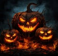 AI-generated illustration of carved jack-o-lantern pumpkins illuminated by a fiery backdrop of smoke