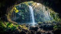 AI generated illustration of a cascading waterfall, a hidden grotto unveils itself