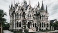 AI generated illustration of a castle-like house with turrets, windows, and stairs in front