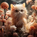 AI generated illustration of a cat in a garden surrounded by lush plants and flowers