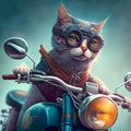 AI generated illustration of a cat in goggles riding a motorbike
