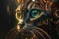 AI generated illustration of a cat with large blue eyes wearing a futuristic electronic headpiece Royalty Free Stock Photo