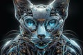 AI generated illustration of a cat with luminous blue eyes against a dark backdrop Royalty Free Stock Photo