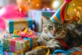 AI generated illustration of a cat in party hat lounges on gifts under tree Royalty Free Stock Photo