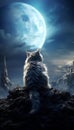 cat sitting on a rock watching the moon with a full view Royalty Free Stock Photo