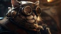 AI generated illustration of a cat pilot wearing steampunk aviator goggles inside an airplane