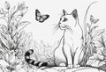 AI generated illustration of a cat playing with a butterfly in grayscale sketch Royalty Free Stock Photo