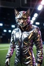 AI generated illustration of a cat in a silver metallic costume with Puma logo