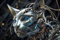 AI generated illustration of a cat with stylish metallic head accessories