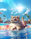 AI generated illustration of a cat in sunglasses relaxing in a swimming pool