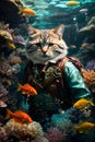 a cat in costume swims in an underwater aquarium surrounded by a variety of fish