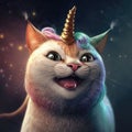 AI generated illustration of a cat with a unicorn horn mesmerizingly looking aside Royalty Free Stock Photo