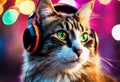 AI generated illustration of A cat wearing headphones in front of a pink background