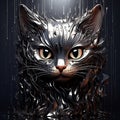 AI generated illustration of a cat wearing a metallic helmet on a dark background