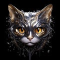 AI generated illustration of a cat wearing a metallic helmet on a dark background