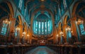 AI-generated illustration of a cathedral interior with elegant chandeliers and tall vaulted ceilings Royalty Free Stock Photo