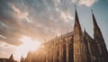 AI generated illustration of a cathedral and spires in the dusk light as the sun rises