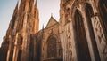 AI generated illustration of cathedrals and towers illuminated by sunset outside the church