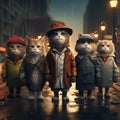 AI generated illustration of cats in raincoats standing on an urban street under the rain at night