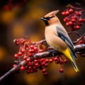 AI generated illustration of a Cedar waxwing perched atop a tree branch, with red berries Royalty Free Stock Photo
