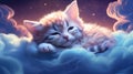 Light ginger kitten drifting in dreams on galactic clouds, cute kitten sleeping on clouds.