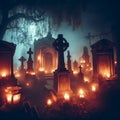 Illustration of a cemetery with ancient tombstones lit by candles, giving a spooky and at the same time mystical touch.