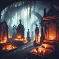 Illustration of a cemetery with ancient tombstones lit by candles, giving a spooky and at the same time mystical touch.