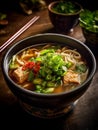 AI generated illustration of a ceramic bowl filled with Asian-style soup with noodles Royalty Free Stock Photo