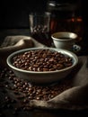 AI generated illustration of a ceramic bowl full of freshly roasted coffee beans on a wooden table Royalty Free Stock Photo