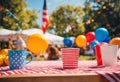 AI generated illustration of ceramic cups with a vibrant backdrop of colourful flags and balloons