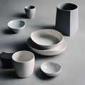 AI generated illustration of ceramic dishes in grayscale