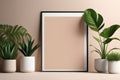 AI generated illustration of ceramic plant pots with lush green foliage near an empty picture frame