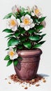 AI generated illustration of a ceramic pot filled with a vibrant assortment of white flowers