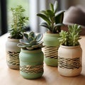 AI-generated illustration of ceramic pots containing lush green foliage situated atop a wooden table